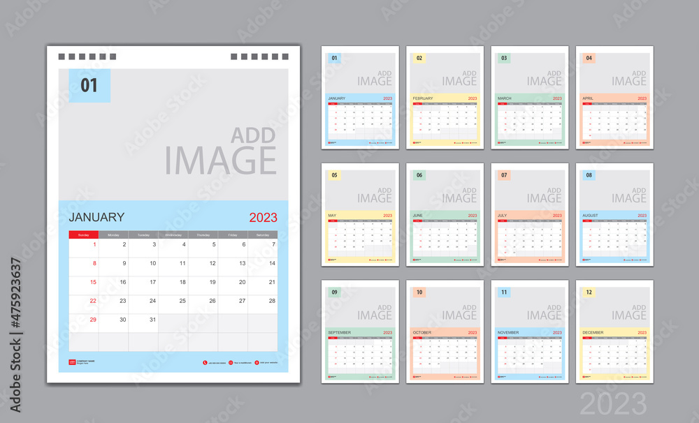 Calendar template for 2023 with week start on Sunday. Wall Calendar 2023 template, Planner, poster, Desk calendar 2023 design, Stationery, printing media, Business vector, color calendar design Calendar template for 2023 with week start on Sunday. Wall Calendar 2023 template, Planner, poster, Desk calendar 2023 design, Stationery, printing media, Business vector, color calendar design