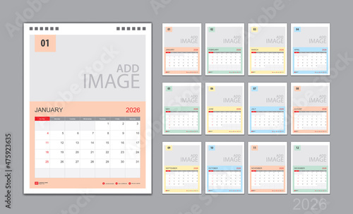 Calendar template for 2026 with week start on Sunday. Wall Calendar 2026 template  Planner  poster  Desk calendar 2026 design  Stationery  printing media  Business vector  color calendar design