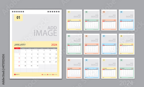 Calendar template for 2024 with week start on Sunday. Wall Calendar 2024 template, Planner, poster, Desk calendar 2024 design, Stationery, printing media, Business vector, color calendar design