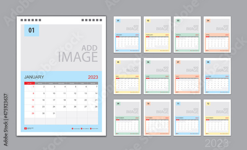 Calendar template for 2023 with week start on Sunday. Wall Calendar 2023 template  Planner  poster  Desk calendar 2023 design  Stationery  printing media  Business vector  color calendar design