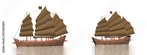 Two oriental junks on the water - 3D render photo
