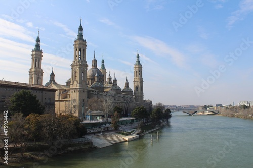 River Ebro and Our Lady El Pillar basilica in Zaragoza  Aragon  Spain.