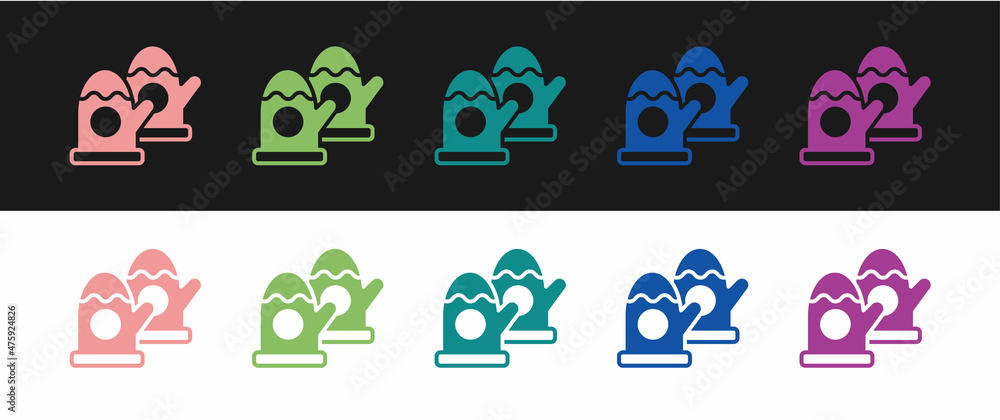 Set Pair of knitted christmas mittens icon isolated on black and white background. Mitten icon. Merry Christmas and Happy New Year. Vector Set Pair of knitted christmas mittens icon isolated on black and white background. Mitten icon. Merry Christmas and Happy New Year. Vector