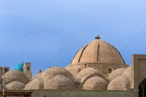 Uzbekistan, city of Bukhara, view over the dome roof of the historic bazaar.