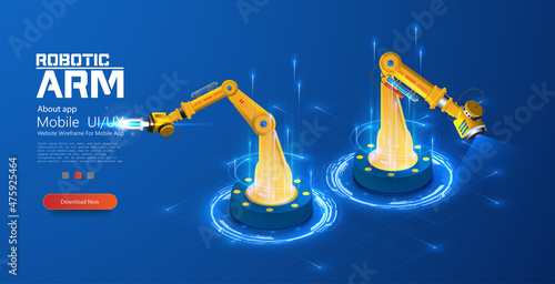 Mechanical hand isolated on blue background. Industrial robot manipulator. Mechanical robotic arm icon in isometric vector design. Industrial technology. Industry robotic vision sensor camera system