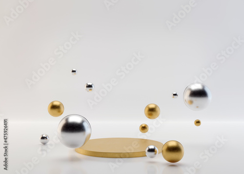 Golden podium with silver and golden balls on the white background, simple geometric forms. 3D rendering. Podium for product, cosmetic presentation. Mock up. Pedestal or platform for beauty products.