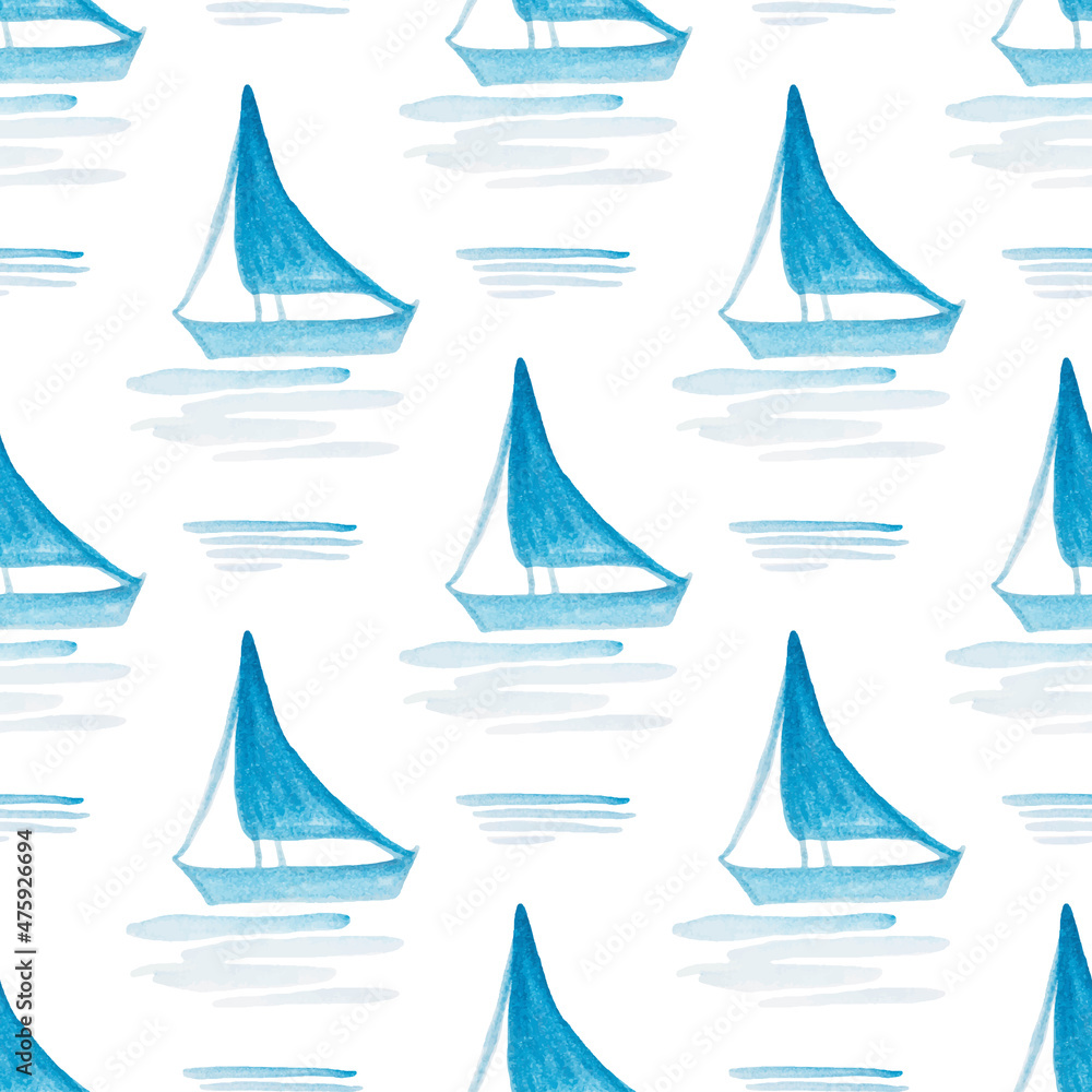 Seamless pattern with hand-painted by watercolor paints blue boat with sail, floating in the sea with waves.