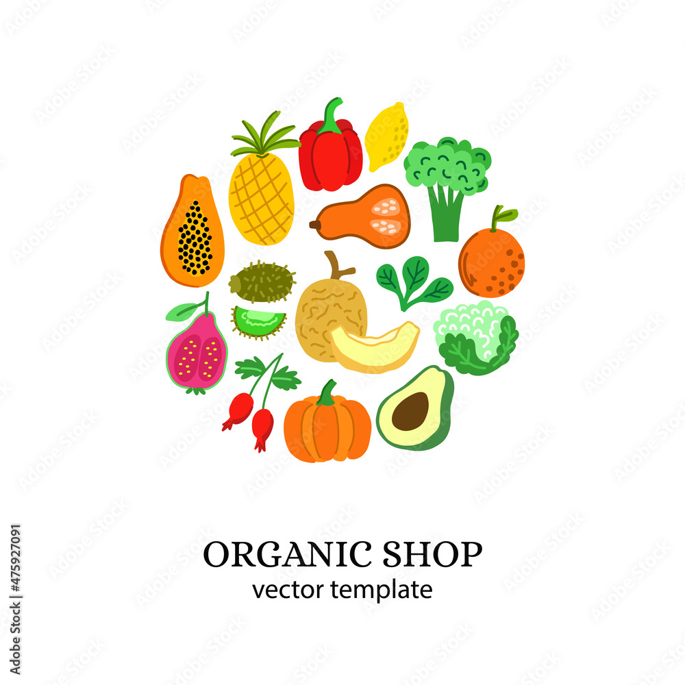 The concept of a promo campaign for a farm shop with local vegetables and fruits. Flyer for the food festival in the trending flat style