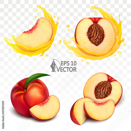 Set peach, nectarine, fresh fruit, slice with splash, juicy and drops, 3d realistic, vector icon