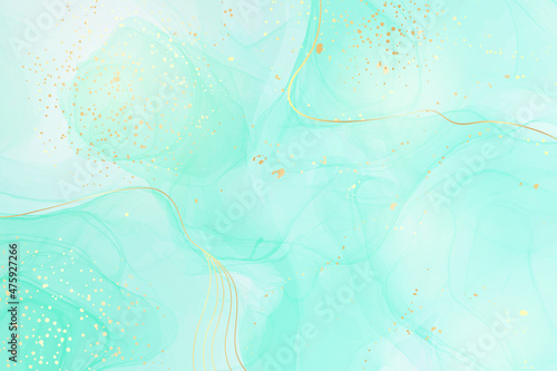 Pastel cyan mint liquid marble watercolor background with white lines and brush stains. Teal turquoise marbled alcohol ink drawing effect. Vector illustration backdrop, watercolour wedding invitation