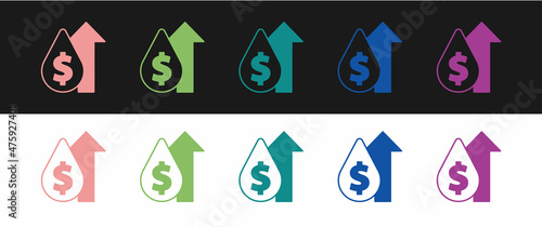 Set Oil price increase icon isolated on black and white background. Oil industry crisis concept. Vector