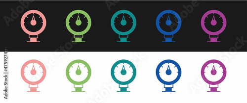 Set Motor gas gauge icon isolated on black and white background. Empty fuel meter. Full tank indication. Vector