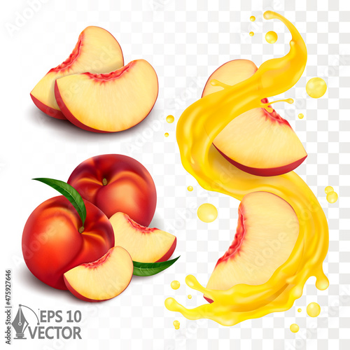 Nectarine  peach  fruit collection. Set with slice and splash  swirl transparent  fresh vitemine juice. 3d realistic  vector icon