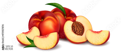 Realistic ripe nectarines, peaches, whole, half and slice. Group of fresh fruit, realistic 3d vector illustration, detail isolated on white background