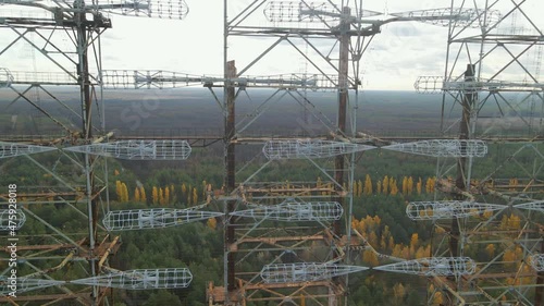 Aerial view of Soviet abandoned missile defense over-the-horizon military radar station Duga in the Chernobyl exclusion zone Russian woodpecker