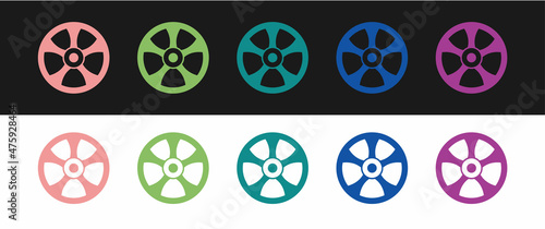 Set Alloy wheel for car icon isolated on black and white background. Vector