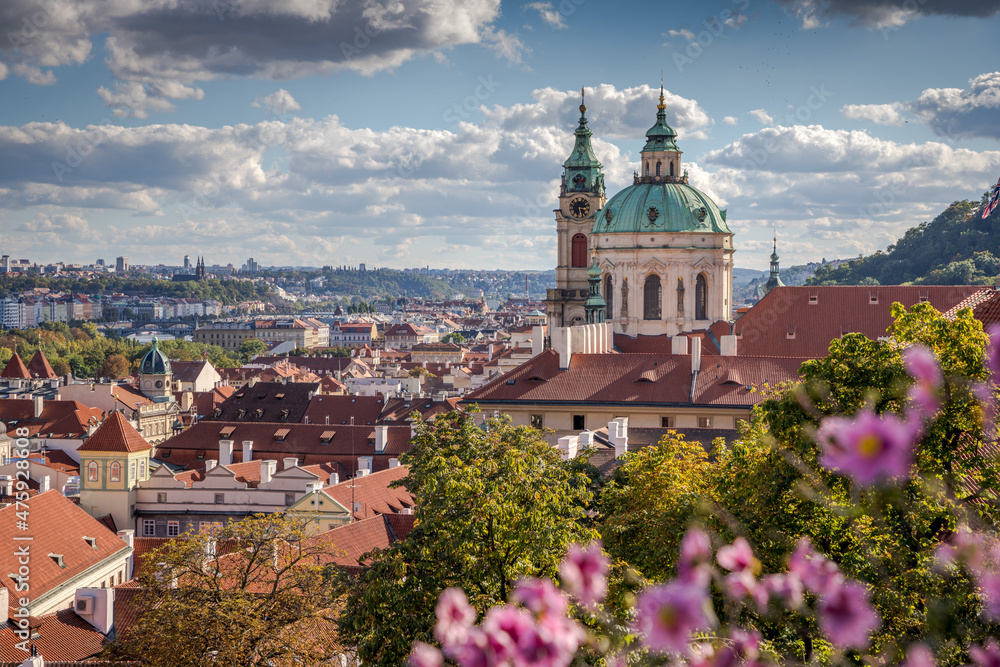 view of the roofs of Lesser Town and the Church of St. Nicholas from Prague Castle