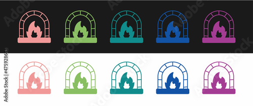 Set Blacksmith oven icon isolated on black and white background. Vector