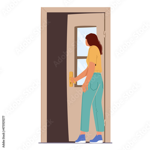 Young Girl Peep into Open Doorway, Curious Female Character Opening Door Isolated on White Background