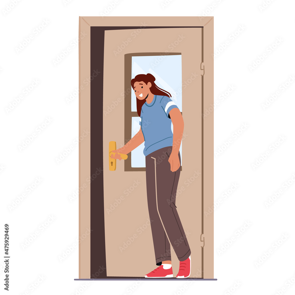 Female Opening Door Leaving or Enter House, Girl Stand at Open Doorway Isolated on White Background, Entrance to Home Female Opening Door Leaving or Enter House, Girl Stand at Open Doorway Isolated on White Background, Entrance to Home