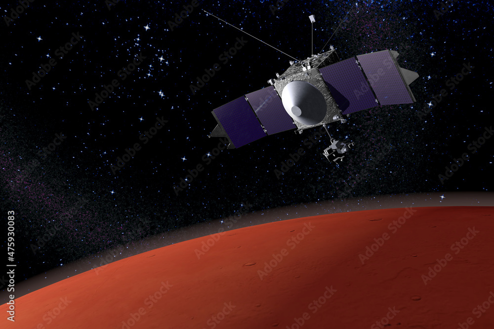 MAVEN - space probe designed to study the Martian atmosphere while orbiting Mars - 3d render - elements of this image furnished by NASA. MAVEN - space probe designed to study the Martian atmosphere while orbiting Mars - 3d render - elements of this image furnished by NASA.