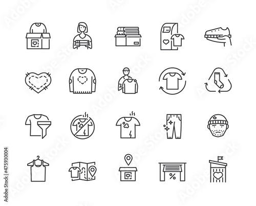 Clothing donation line icons set. Sweater with heart  box for collecting  volunteer help  donate clothes flat outline icon collection. Charity campaign signs. Editable stroke. Vector illustration