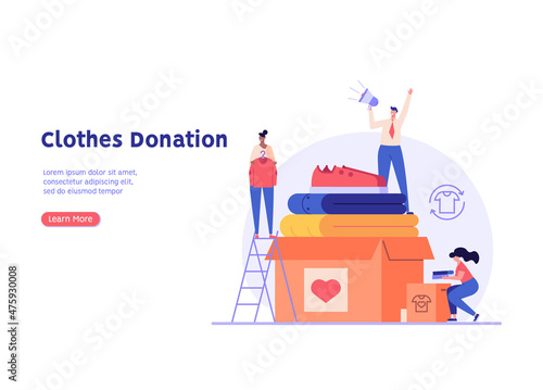 Volunteer group collecting donations. Charity organization donating clothes for poor people. Concept of clothing donations, volunteer help, donate clothes. Charity campaign vector flat illustration
