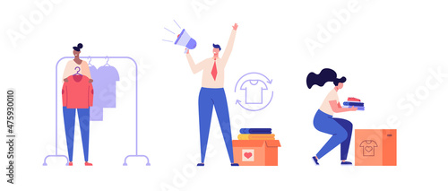 Volunteer group collecting donations. Charity organization donating clothes for poor people. Set of clothing donations, volunteer help, donate clothes. Charity campaign vector flat illustration