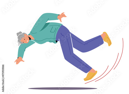 Senior Female Character Slip on Floor or Puddle Falling Down on the Ground, Old Woman Clumsiness, Injury, Carelessness