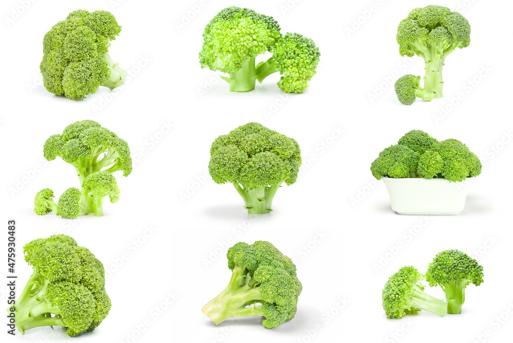 Collage of fresh green broccoli isolated on a white background cutout Collage of fresh green broccoli isolated on a white background cutout