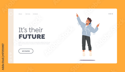 Youth, Happiness and Freedom Concept Landing Page Template. Little Boy Playing and Jumping. School Children Celebrate
