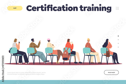Certification training landing page with group of people sitting on chairs listen to lecturer