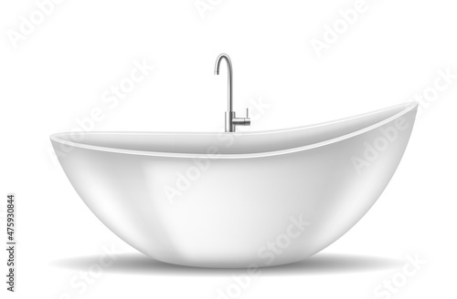 Realistic bath tub element. Ceramic white bathtub for stylish bathroom space