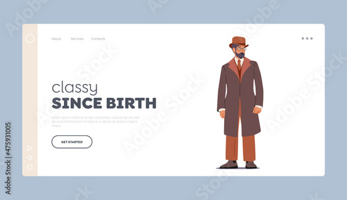 Retro Male Fashion Landing Page Template. Bearded Man of Nineteenth Century. Victorian Gentleman Wear Vintage Clothing