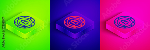 Isometric line Cryptocurrency coin Bitcoin icon isolated on green, blue and pink background. Physical bit coin. Blockchain based secure crypto currency. Square button. Vector