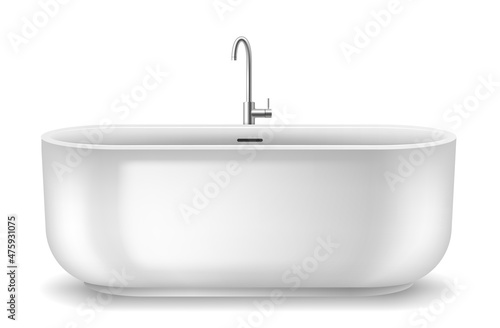 Stylish white bathtub from bathroom interior with steel faucet. Modern ceramic tub