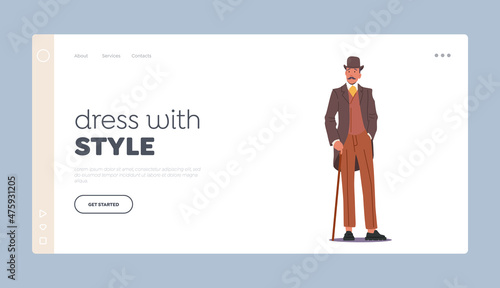 Dress with Style Landing Page Template. Elegant Man of Nineteenth Century. English Victorian Gentleman in Frock Coat