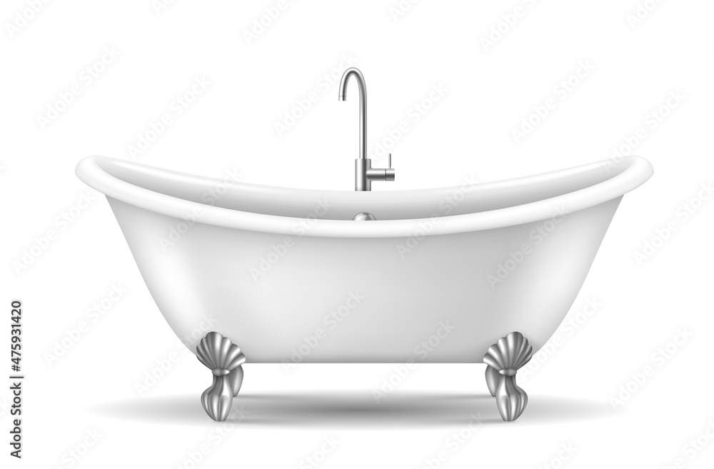 Vintage bathtub for washroom interior. Stylish tub with retro claw foot and faucet for bathroom
