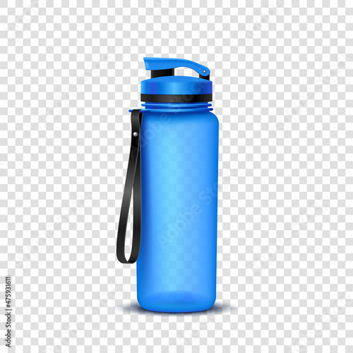 Sports bottle with strap realistic. Fresh water plastic container 3d mockup. Athlete accessory
