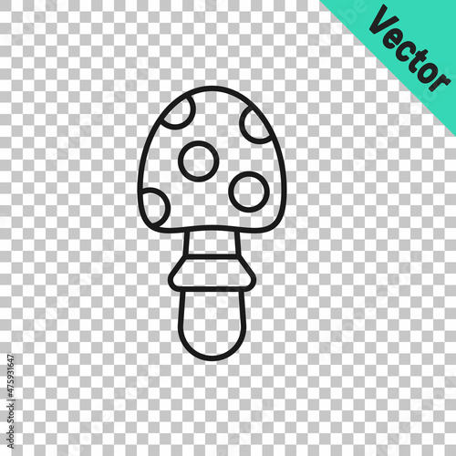 Black line Amanita muscaria or fly agaric hallucinogenic toadstool mushroom icon isolated on transparent background. Spotted poisonous mushroom. Vector