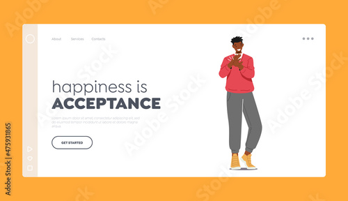 Success Celebration, Appreciation, Greetings Landing Page Template. Smiling Male Character Clap Hands. Happy Man Applaud