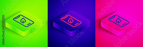 Isometric line Smartphone, mobile phone with leaf icon isolated on green, blue and pink background. Square button. Vector