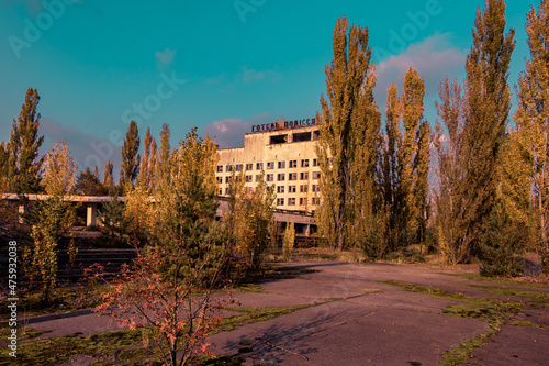 Polissya Hotel of Prypiat after the nuclear accident in reactor 4 of Chernobyl in 1986 photo