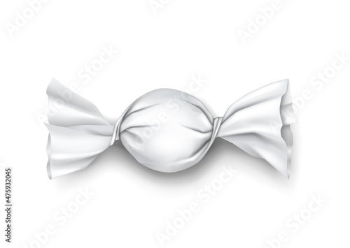 Chocolate, caramel lollipop or candy packaging mockup. Realistic white blank plastic foil wrapper