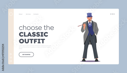 Classic Outfit Landing Page Template. Elegant Confident Man of Nineteenth Century Smoking Mouthpiece. English Gentleman