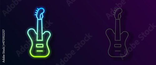 Glowing neon line Electric bass guitar icon isolated on black background. Vector