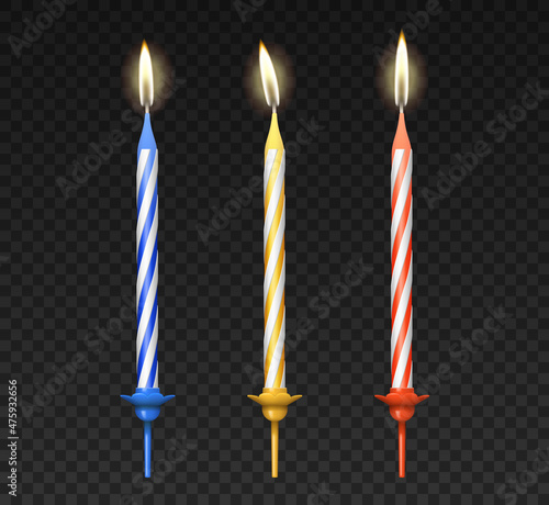 Colorful candles set for birthday cake or holiday pie decoration. Collection of realistic candles