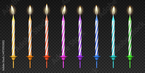 Lighted birthday cake colorful candles 3d realistic set. Birthday celebration party candles