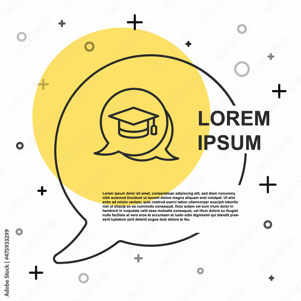 Black line Graduation cap in speech bubble icon isolated on white background. Graduation hat with tassel icon. Random dynamic shapes. Vector Black line Graduation cap in speech bubble icon isolated on white background. Graduation hat with tassel icon. Random dynamic shapes. Vector