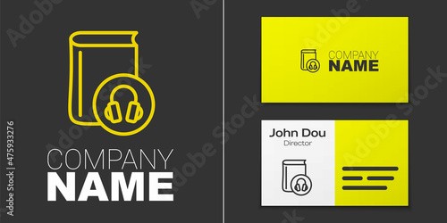 Logotype line Audio book icon isolated on grey background. Book with headphones. Audio guide sign. Online learning concept. Logo design template element. Vector